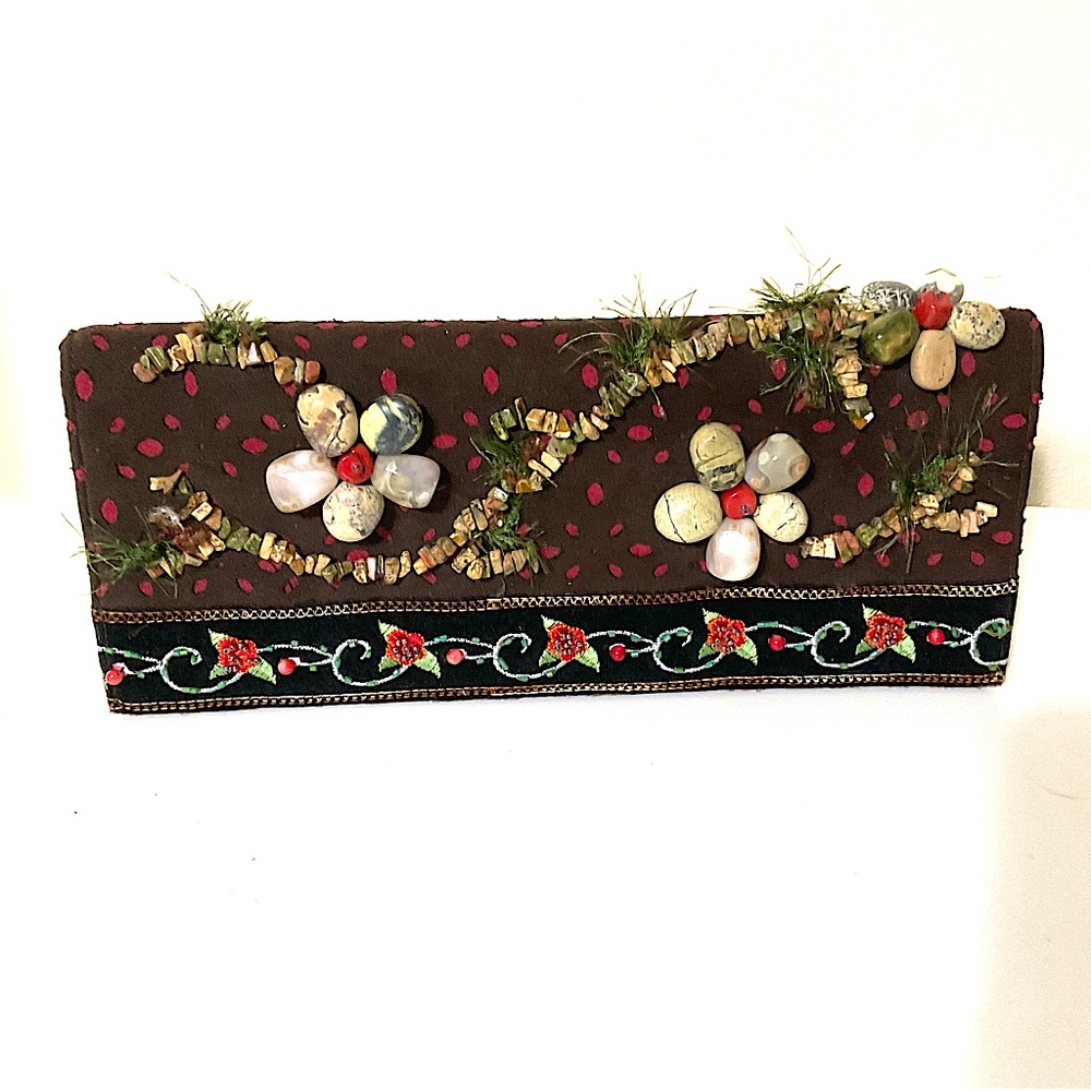 Mary Frances Suede Brown Natural Stones Clutch/ Crossbody